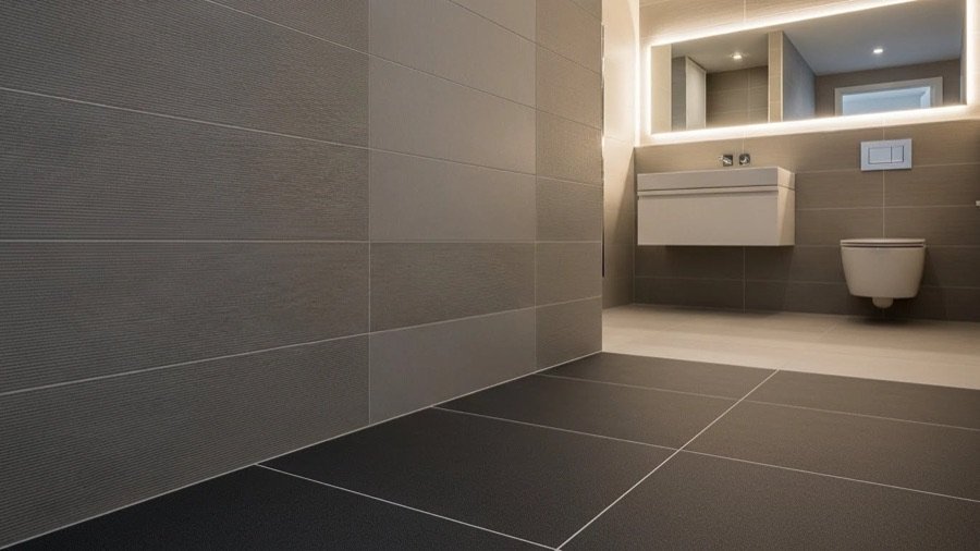 Bathroom flooring and wall tiling featuring textured tiles, precise alignment, slip-resistant floor tiles, and modern minimalist design.