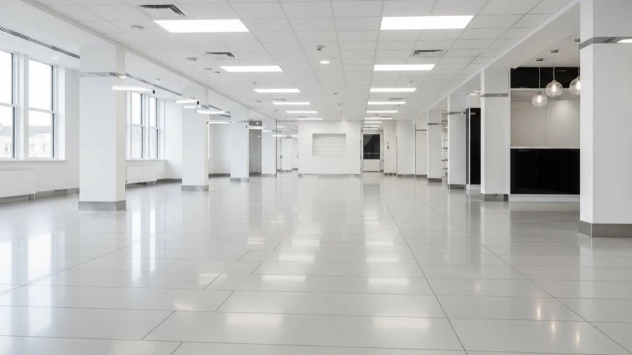 Contemporary flooring and tiling with neutral tiles, balanced lighting, clean installation, and modern architectural layout.