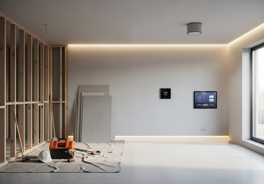 Smart home renovation in progress with exposed framing, modern tools, and installed smart thermostat and control panel.