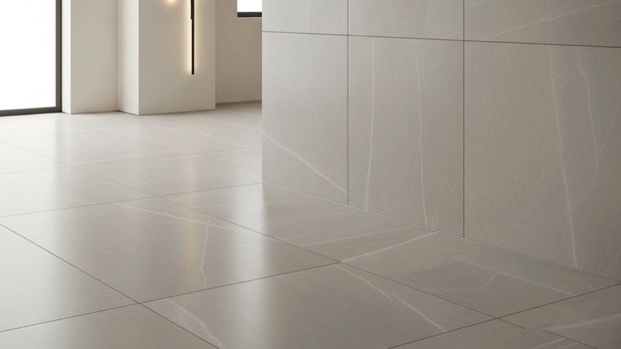 Large format tile flooring installation with clean grout lines, neutral tones, and professional finish for modern residential interiors.