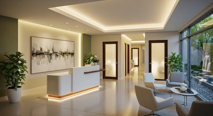 Bright modern med spa renovation in Toronto GTA featuring a stylish reception desk, wood accents, greenery wall design, and warm ambient lighting.