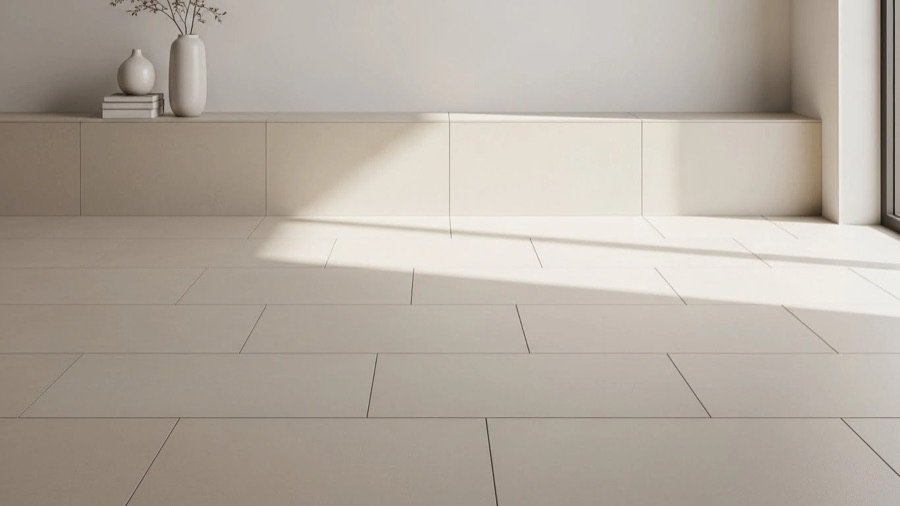 Minimalist flooring and tiling showcasing smooth tile surface, subtle veining, clean grout lines, and refined modern interior style.