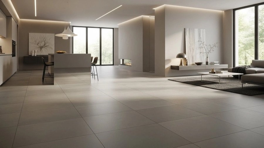 Large format tile flooring in a minimalist interior with clean grout lines, soft natural light, and modern seamless floor design.