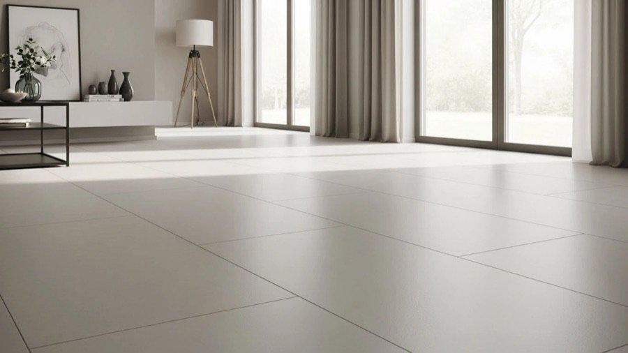 Living room flooring and tiling with large format tiles, seamless transitions, soft lighting, and contemporary open-concept design.