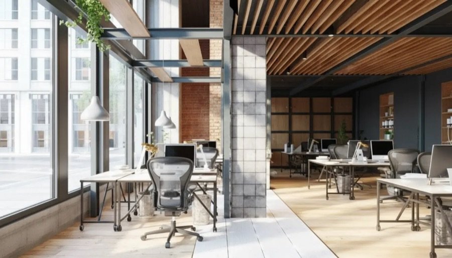 Bright modern office renovation in the GTA featuring open workstations, large glass windows, exposed brick accents, and contemporary industrial design.