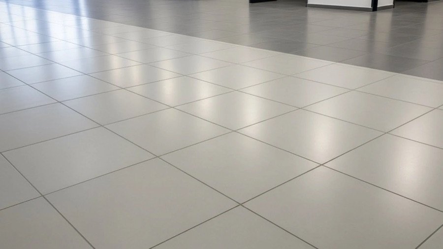 Close-up of polished tile flooring showing precise grout spacing, smooth texture, and high-quality professional tiling work.