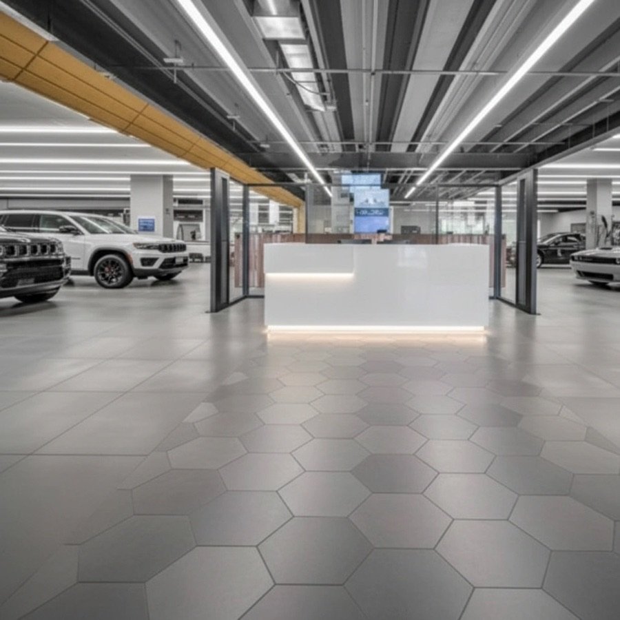Renovated automotive showroom in Toronto with glass walls, polished concrete floors, a sleek reception desk, and high-end vehicle display zones.