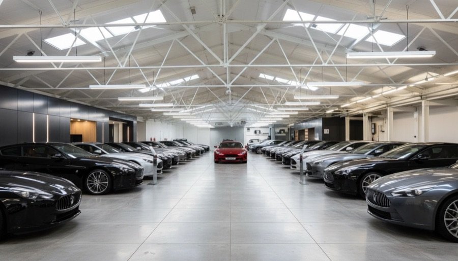 Luxury showroom renovation in Toronto featuring marble flooring, modern lounge seating, LED accent lighting, and a premium car display area.