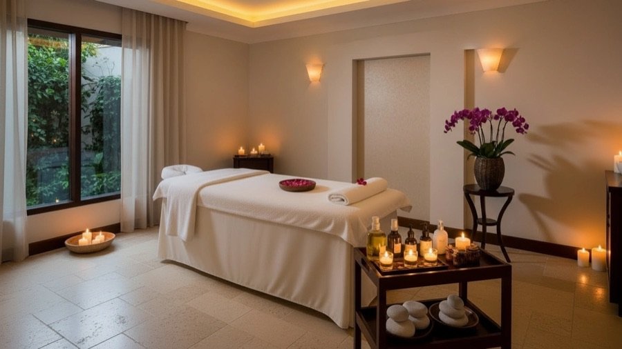 Minimalist spa therapy room renovation with massage table, soft lighting, indoor plants, neutral decor, wood flooring, and a clean professional wellness setup.