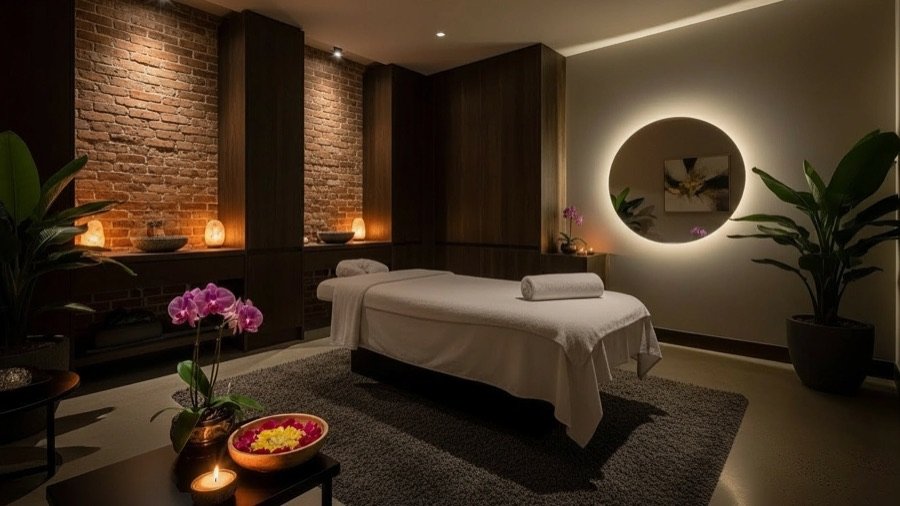 Luxury indoor spa renovation showcasing a jacuzzi tub, massage table, candles, stone flooring, tropical plants, and a serene resort-style wellness atmosphere.