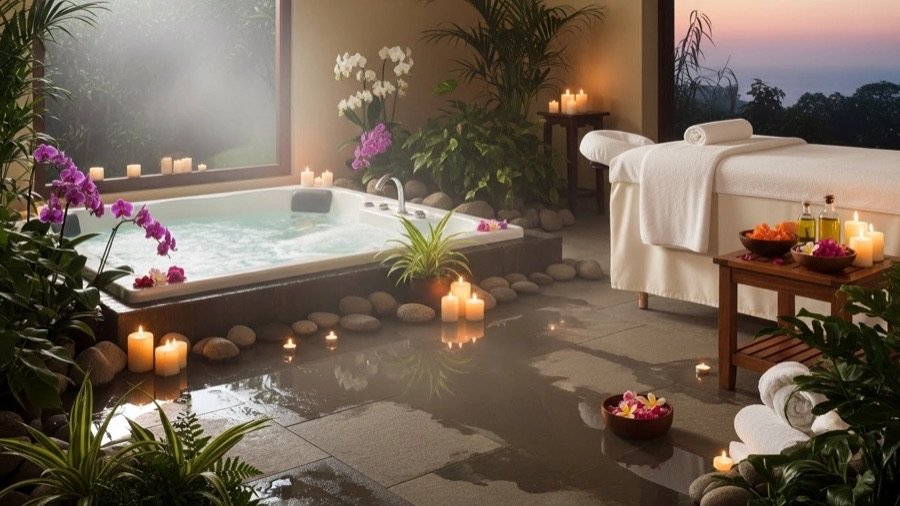 Modern spa renovation with exposed brick accent wall, massage bed, built-in shelving, warm LED lighting, indoor plants, and a relaxing professional spa environment.