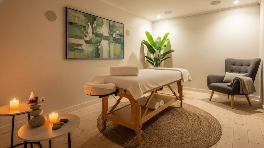 Luxury spa massage room renovation featuring a modern massage table, soft ambient lighting, candles, neutral walls, and a calming wellness-focused interior design.