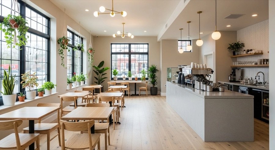 Bright modern café interior in Toronto GTA featuring large black-frame windows, hanging plants, wooden tables, and a minimalist coffee bar renovation.