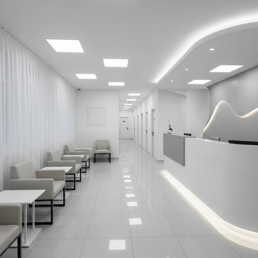 Renovated clinic exam room in the GTA with updated cabinetry, marble-look flooring, new medical equipment, and a clean professional layout.