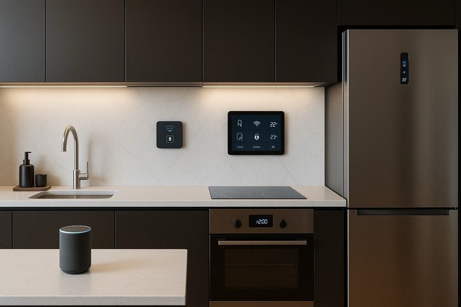 Modern smart kitchen with connected appliances, touch-screen controls, smart speaker, and sleek cabinetry featuring integrated home automation technology.