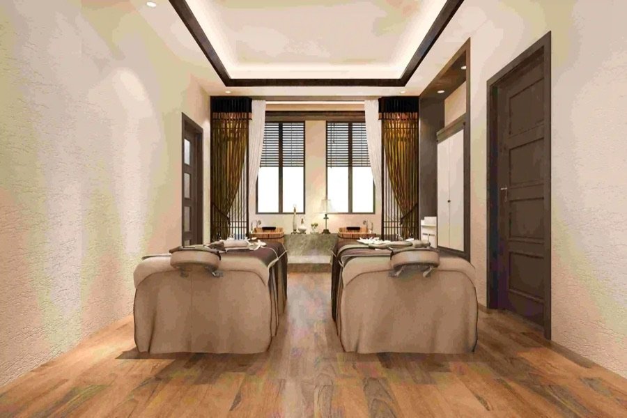 spa room renovation with modern ceiling lighting wood flooring double massage beds wellness space by RM Renovation Ontario