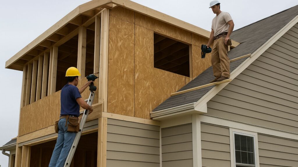 Construction workers building a second-story addition on a home, illustrating the pros and cons of adding a second story in Ontario.