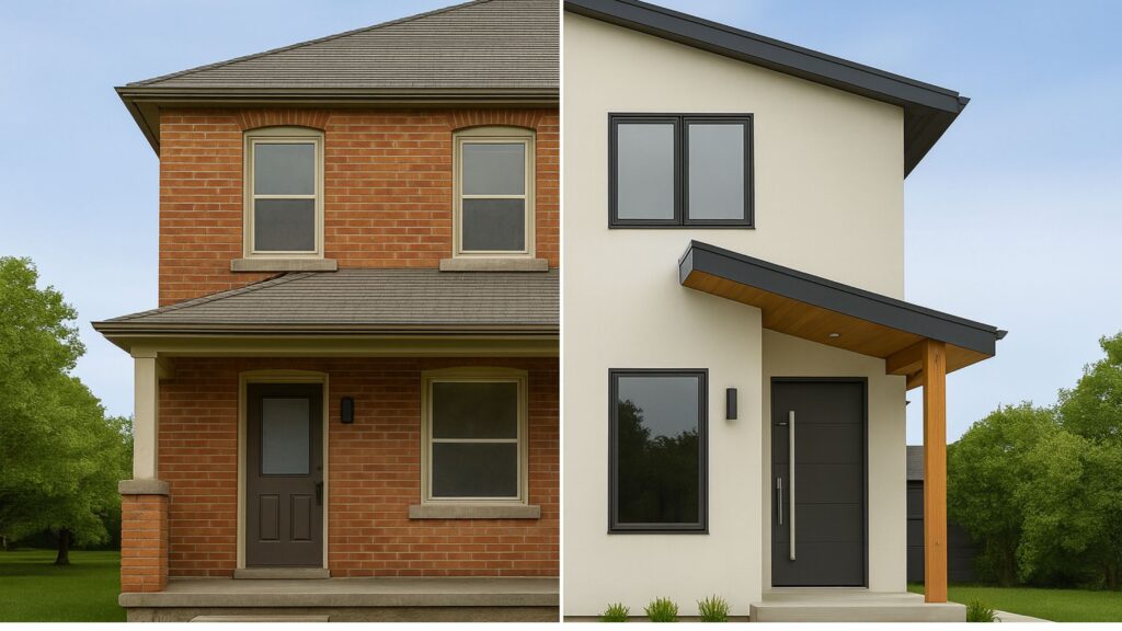 Side-by-side comparison of a Toronto home before and after full house renovation showing transformation from outdated red brick to modern exterior design.