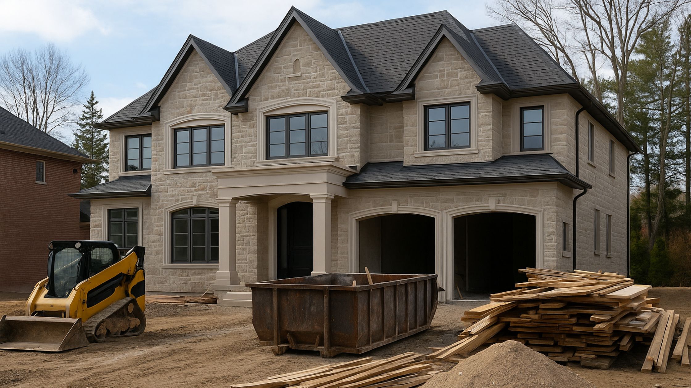 Plan a custom home build in Vaughan with a modern stone exterior house under construction, showing framing materials and equipment on-site.
