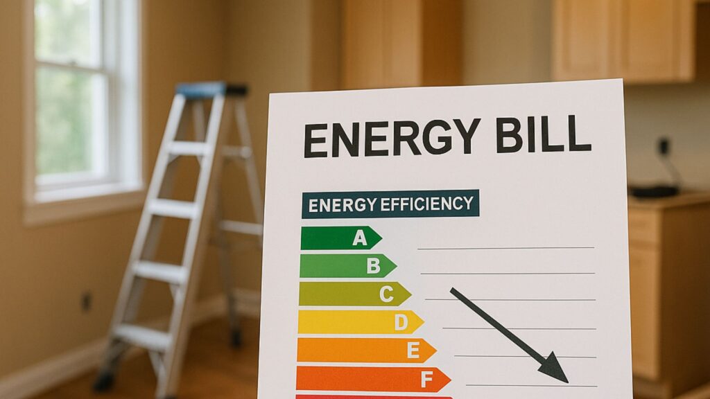 Home renovation scene with an energy efficiency chart showing how to lower energy bills with renovations in a GTA home.