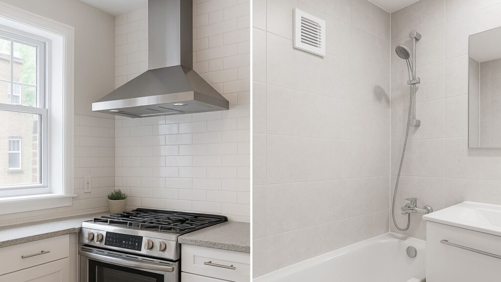 Why Ventilation Is Important in Ontario homes, showing a kitchen range hood and a bathroom exhaust fan working to remove moisture, odors, and indoor pollutants for healthier air quality.