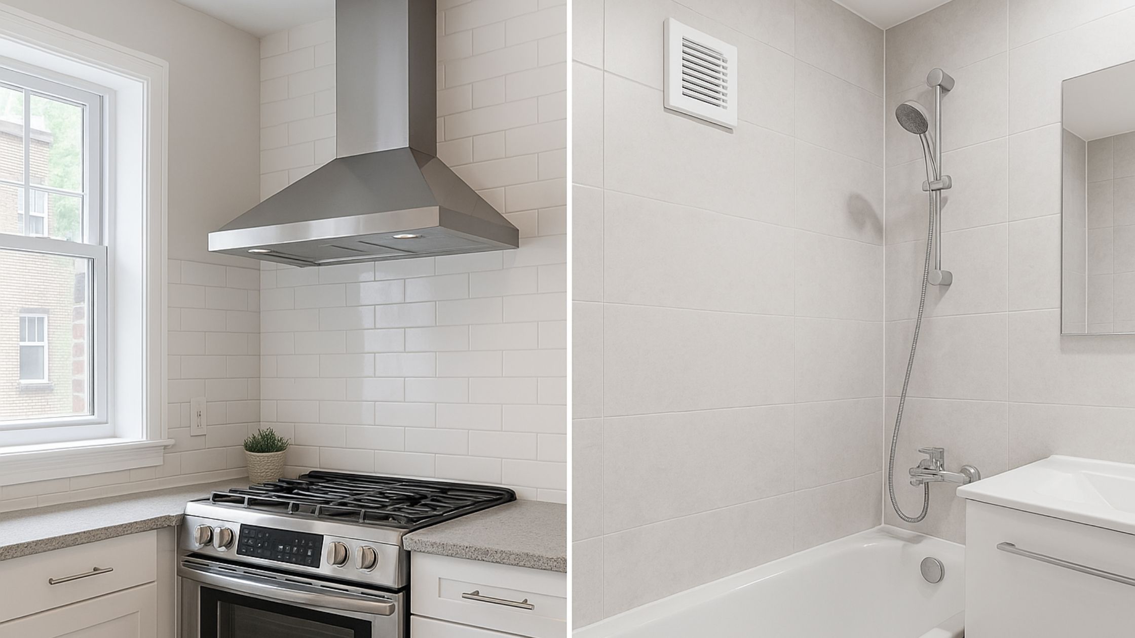 Why Ventilation Is Important in Ontario homes, showing a kitchen range hood and a bathroom exhaust fan working to remove moisture, odors, and indoor pollutants for healthier air quality.