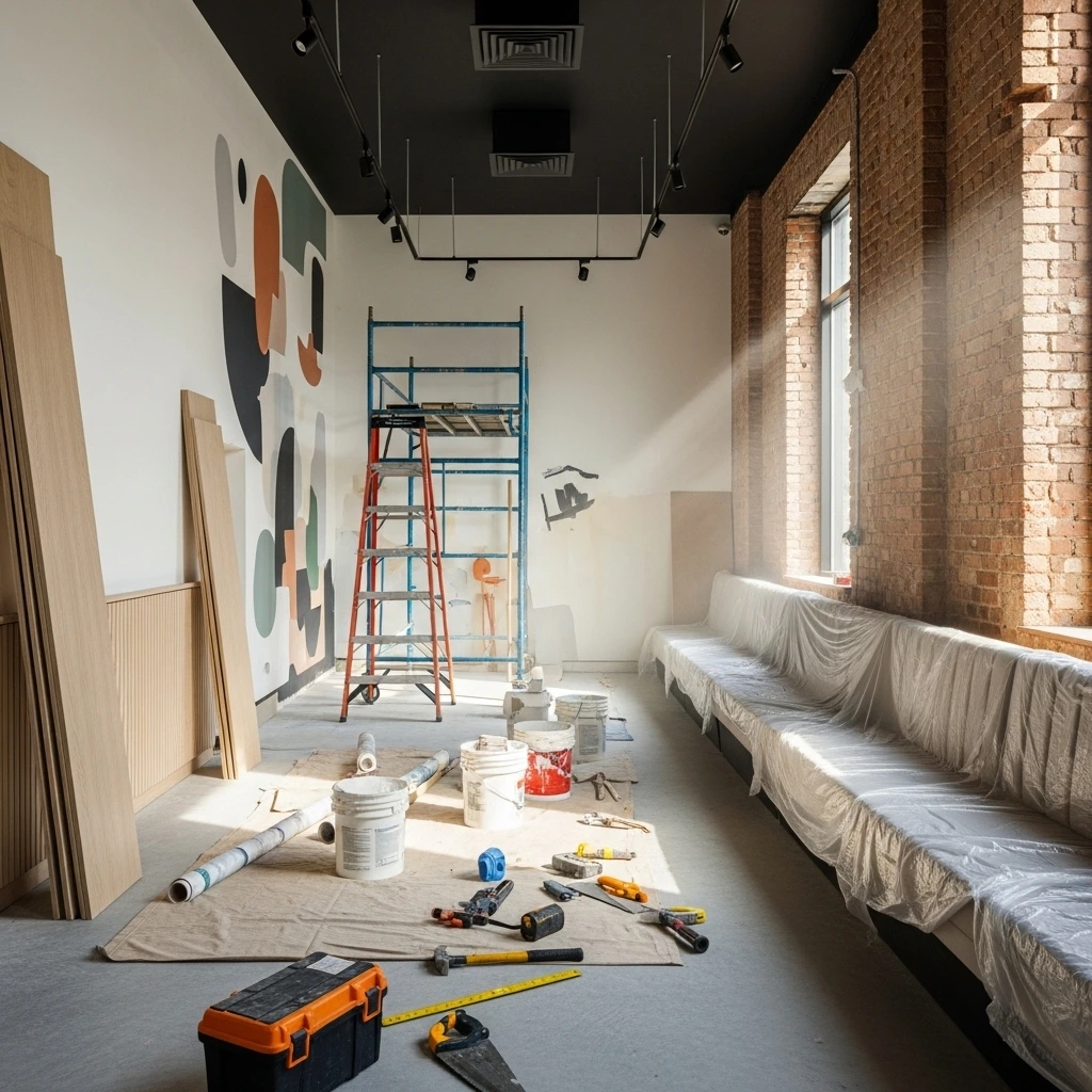 Café under renovation in Toronto GTA with tools, scaffolding, exposed brick walls, and ongoing interior construction work.
