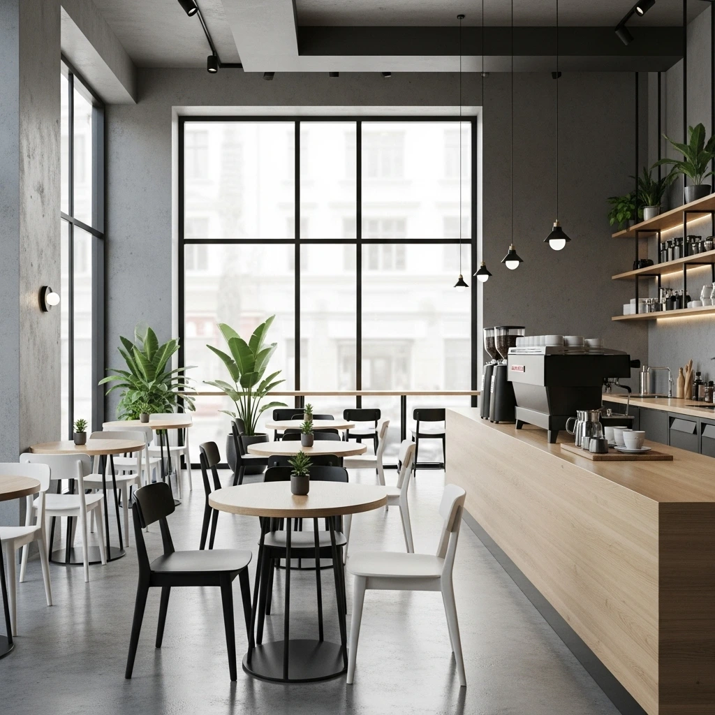 Contemporary café renovation in Toronto GTA with tall windows, modern lighting, wooden accents, and minimalist black-and-white seating.