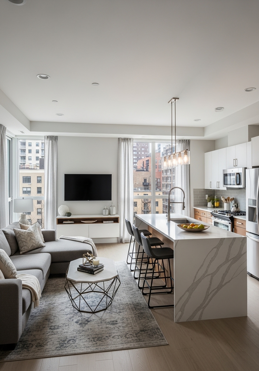 Modern condo renovation in Toronto with open-concept kitchen, quartz waterfall island, and living area by RM Renovation.