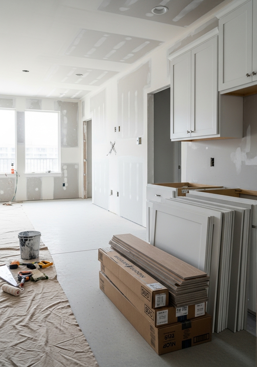 Toronto Apartment renovation in progress with drywall installation, cabinet setup, and flooring materials by RM Renovation.