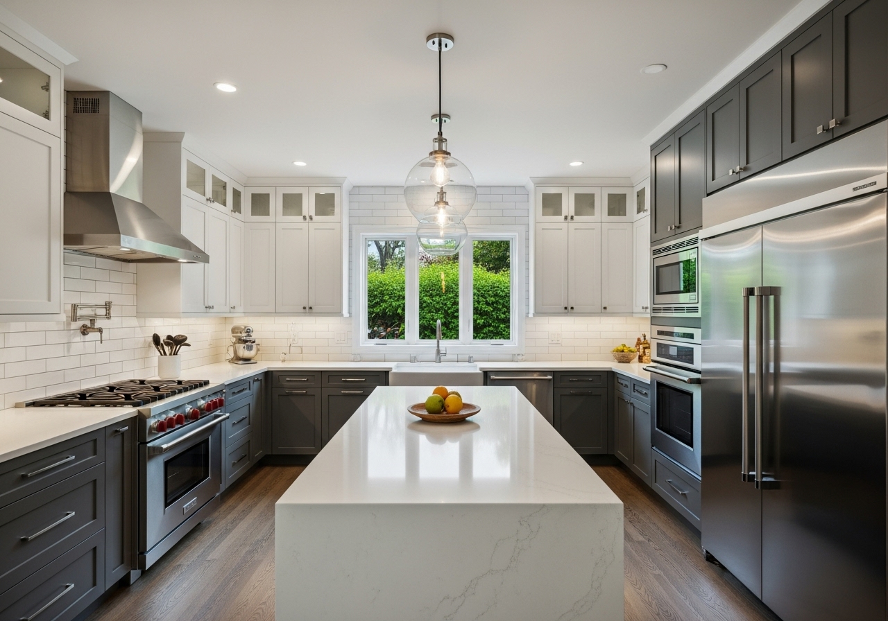 Modern transitional kitchen featuring white upper cabinets, gray lower cabinets, quartz waterfall island, stainless steel appliances, and subway tile backsplash.