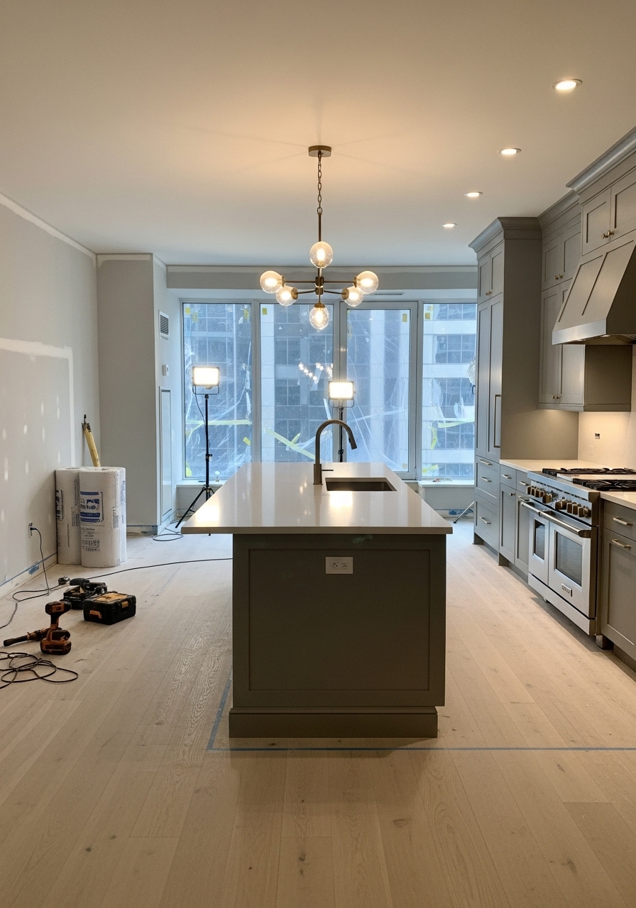 Condo kitchen renovation featuring a central island with sink, modern chandelier, stainless steel appliances, grey shaker cabinets, and under-construction walls with tools and lighting equipment.