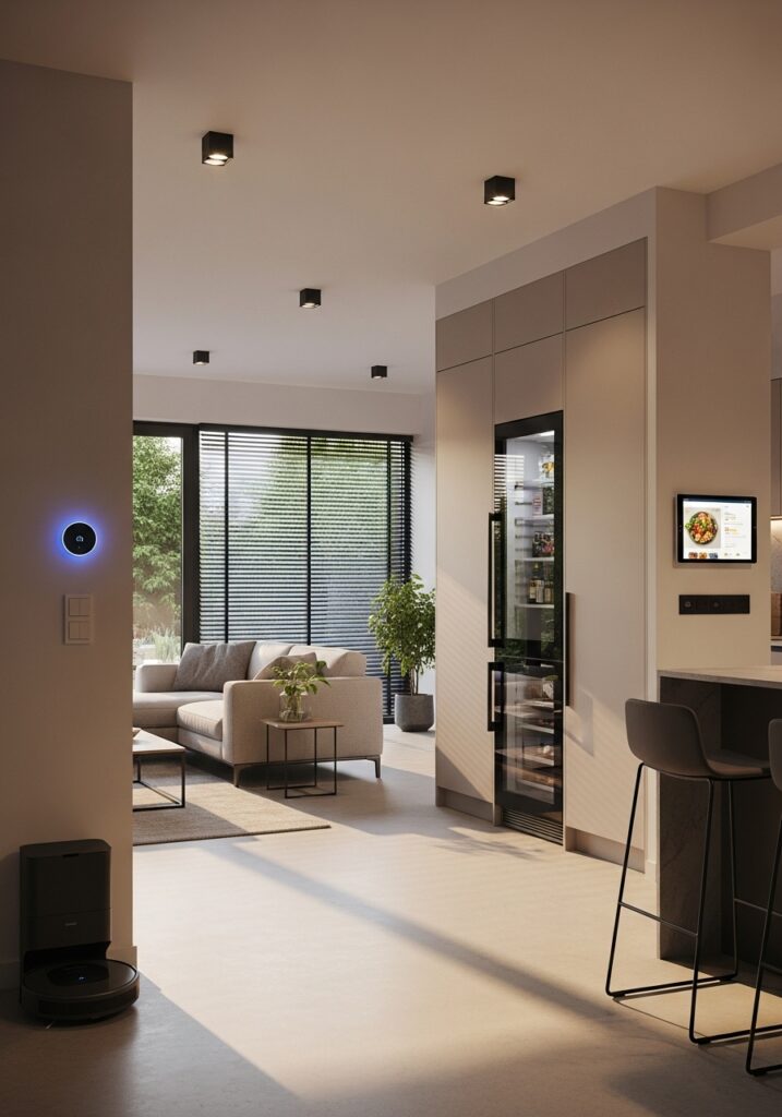 Modern open-concept kitchen and living room renovation with custom cabinetry, built-in wine fridge, recessed ceiling lighting, smart home controls, and minimalist interior design in a Toronto home