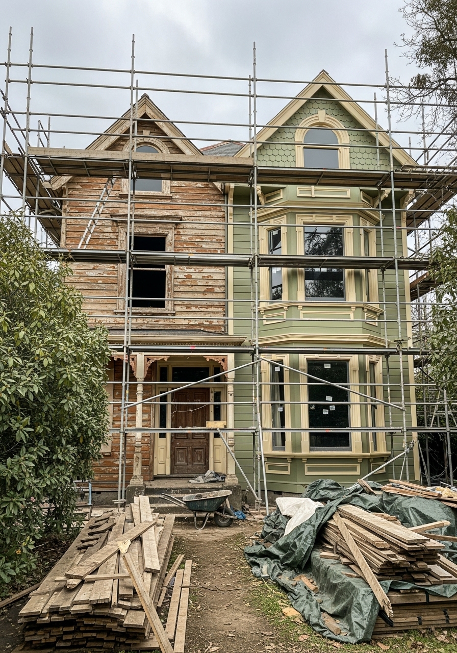 Exterior home renovation project showing partial siding removal, scaffolding setup, and new trim installation during restoration process.
