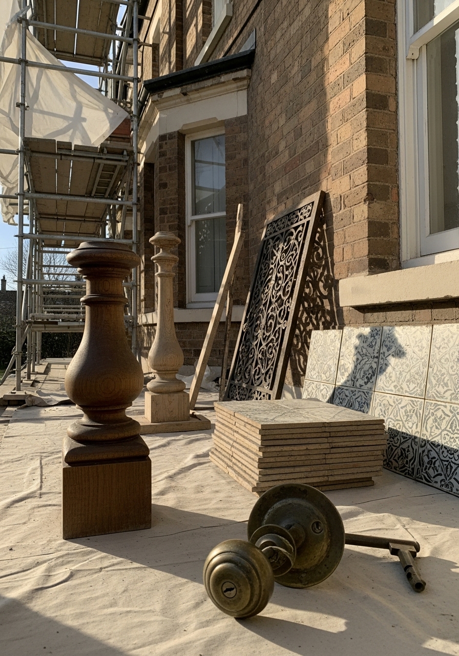 Close-up of restoration materials including wood balusters, vintage hardware, patterned tiles, and decorative ironwork during a historic home exterior renovation.