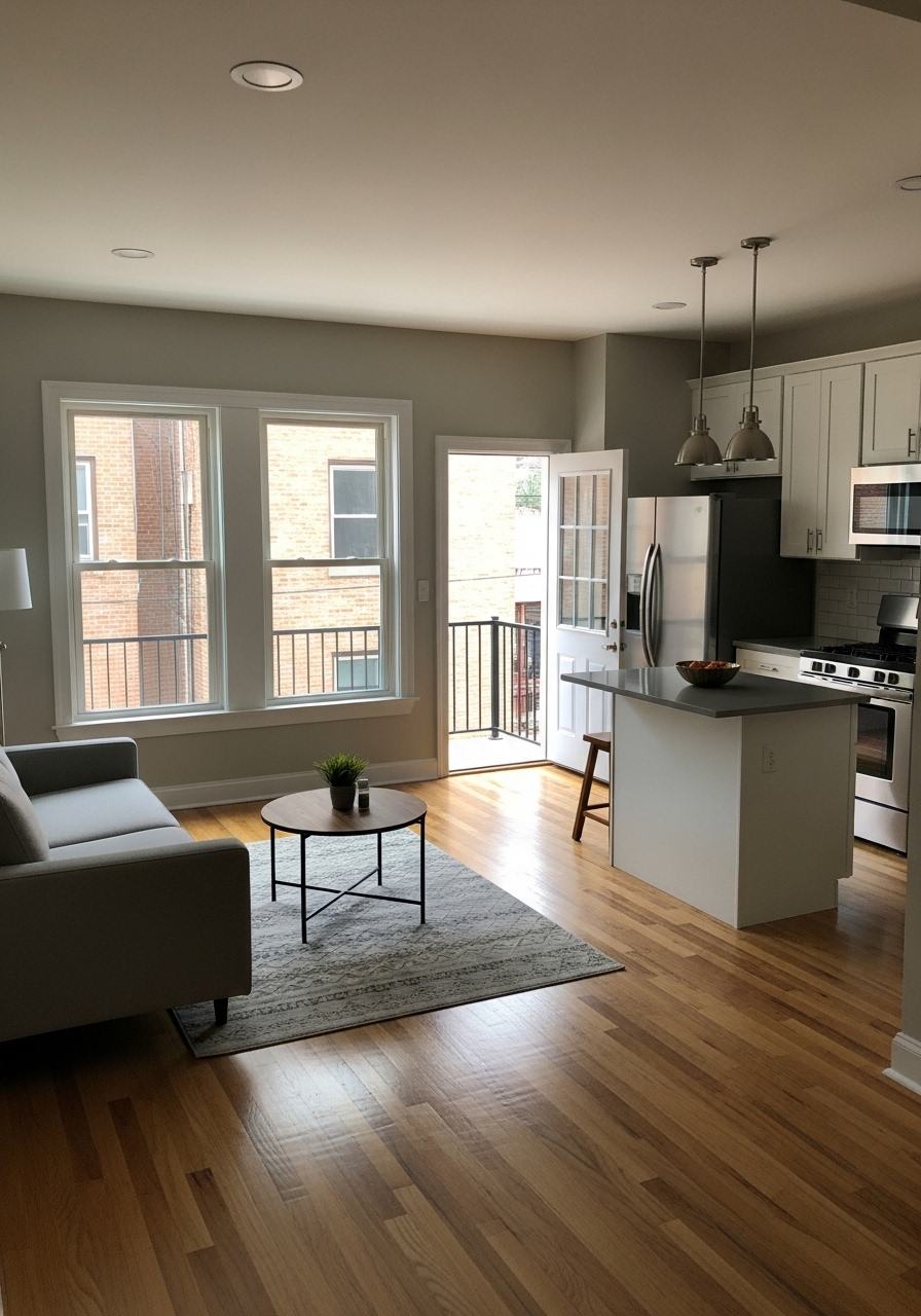 Renovated rental property with open-plan kitchen and living area, featuring white cabinetry, stainless steel appliances, a kitchen island, and hardwood floors.