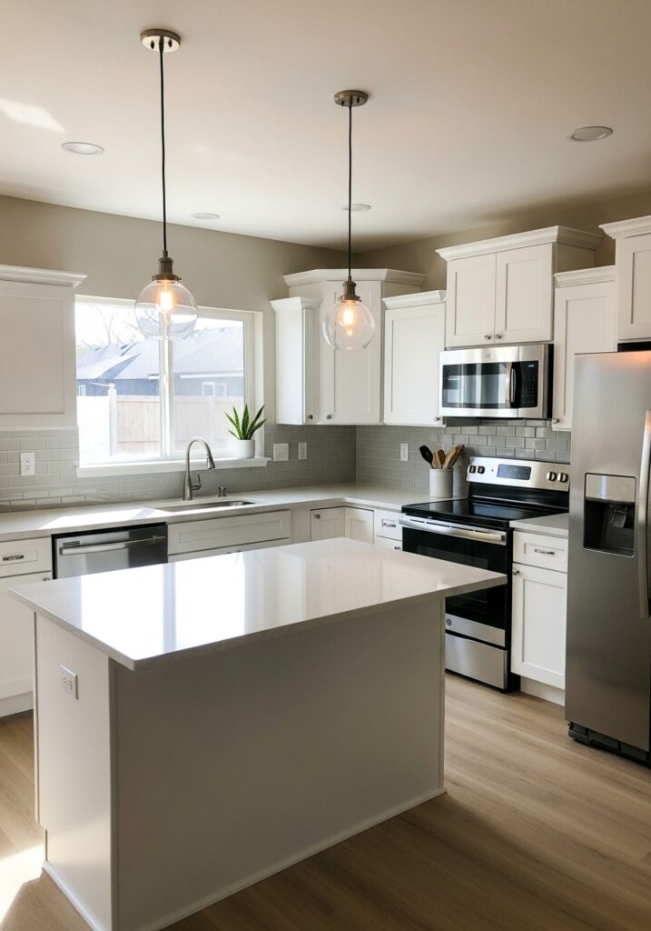 Newly renovated rental kitchen with white shaker cabinets, quartz countertops, stainless steel appliances, subway tile backsplash, and pendant lighting over a center island.