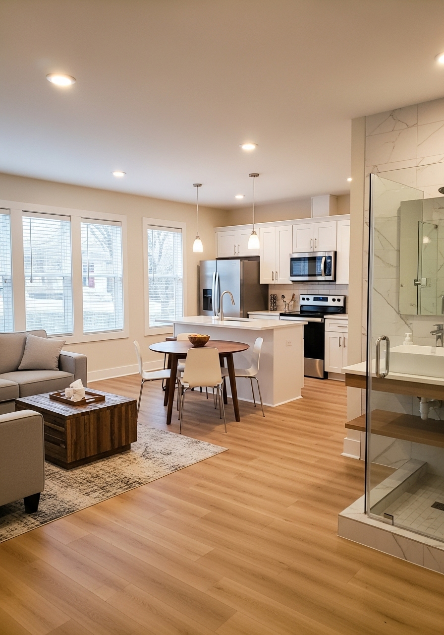 Modern open-concept rental unit featuring a white kitchen with stainless steel appliances, center island, dining nook, and a visible glass shower in a combined living space.