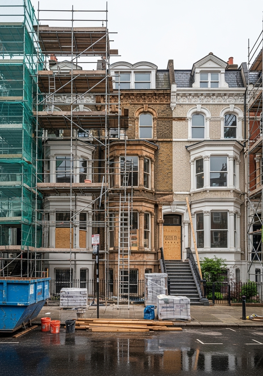 Historic townhouse undergoing renovation with scaffolding, construction materials, and exposed wooden structure visible on the front facade.