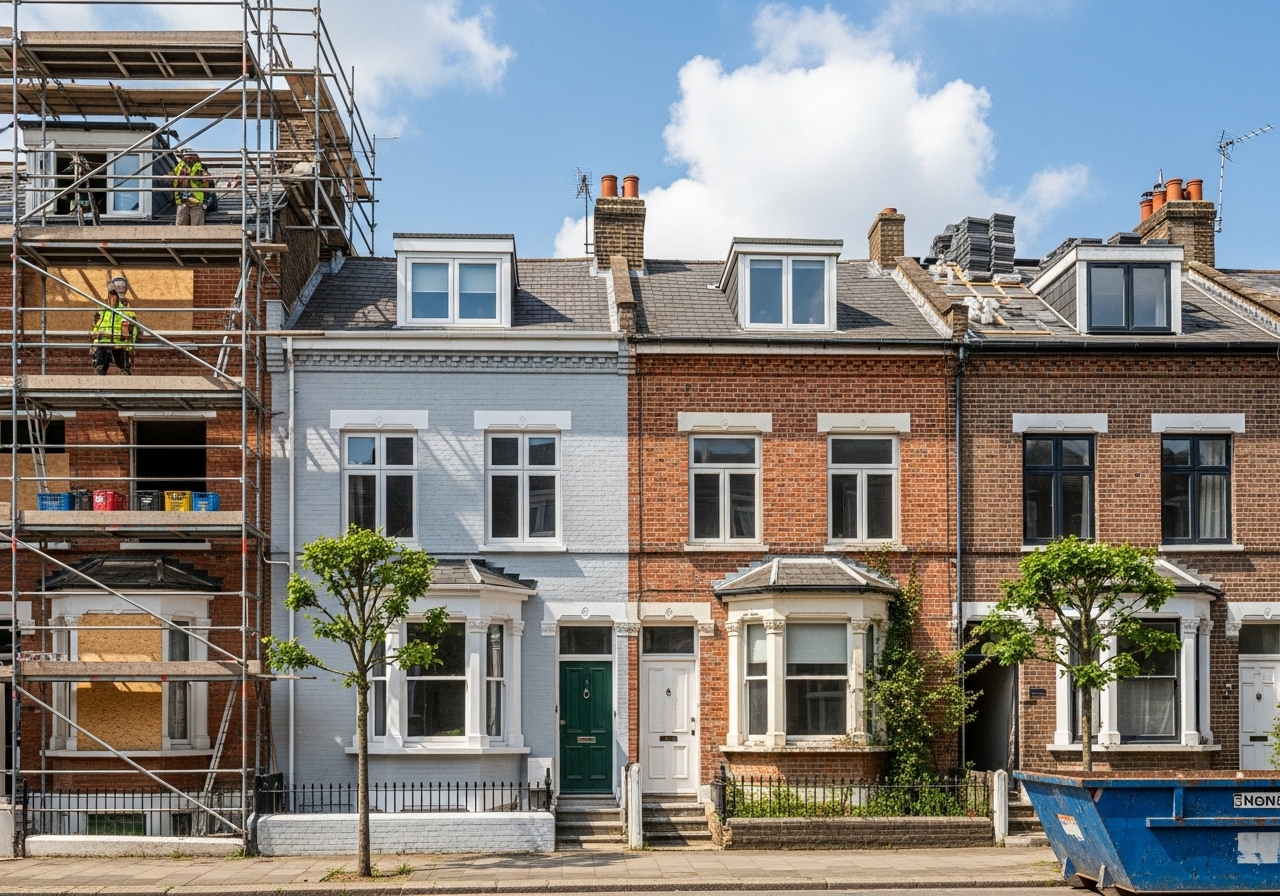 Townhouses under renovation with scaffolding, brick exteriors, and updated dormer windows on a sunny day.