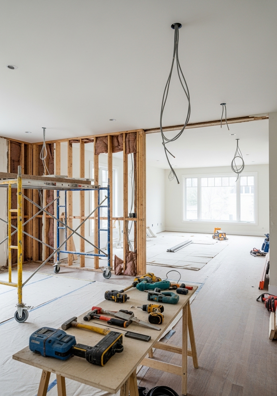 Home interior under renovation with exposed framing, construction tools, electrical wiring, and insulation installation in progress.