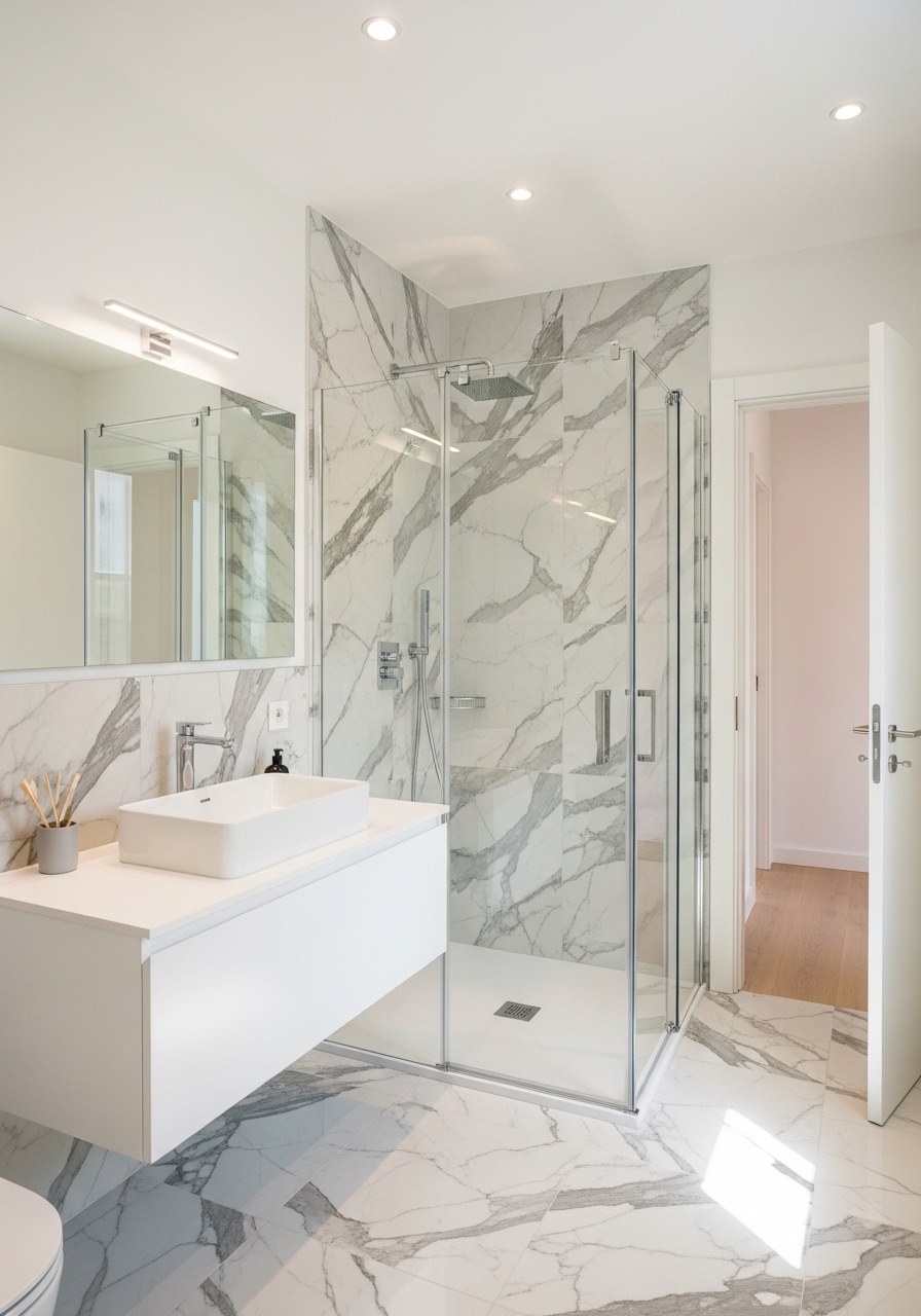 Toronto bathroom remodel with modern walk-in shower, marble tile walls, and floating vanity by RM Renovation.
