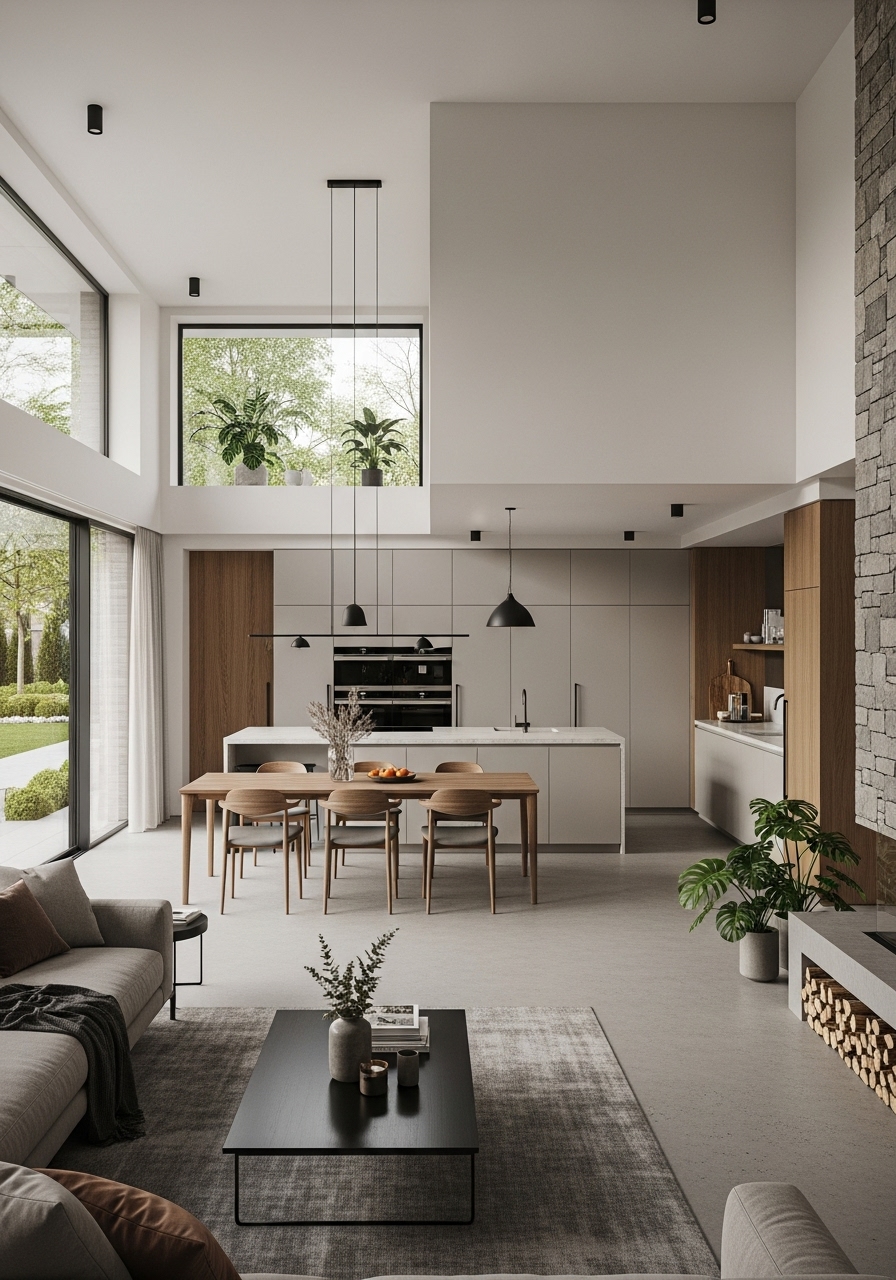 Contemporary open-plan kitchen and living room with minimalist furniture, large windows, and natural light.
