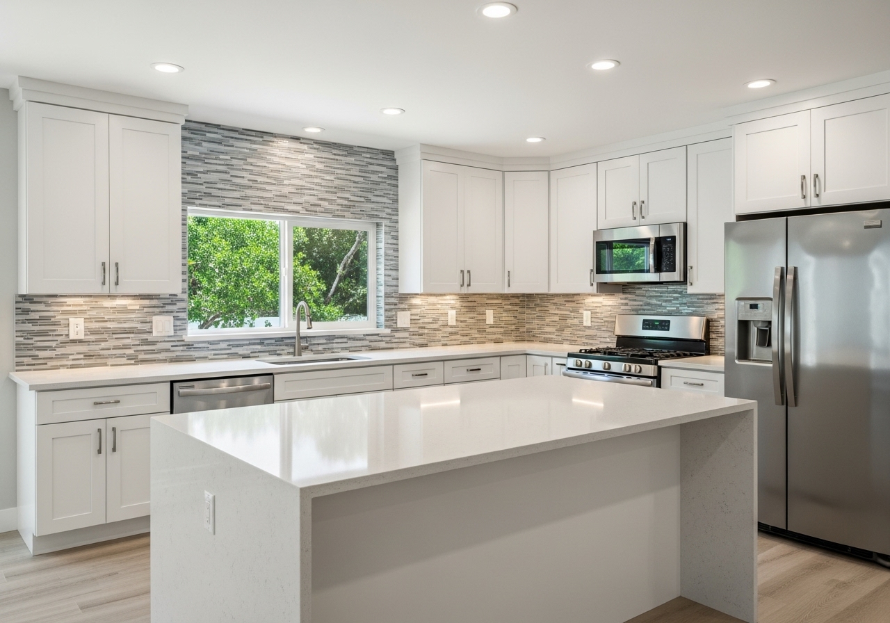Contemporary white kitchen with quartz countertops, stainless steel appliances, and a glass tile backsplash.