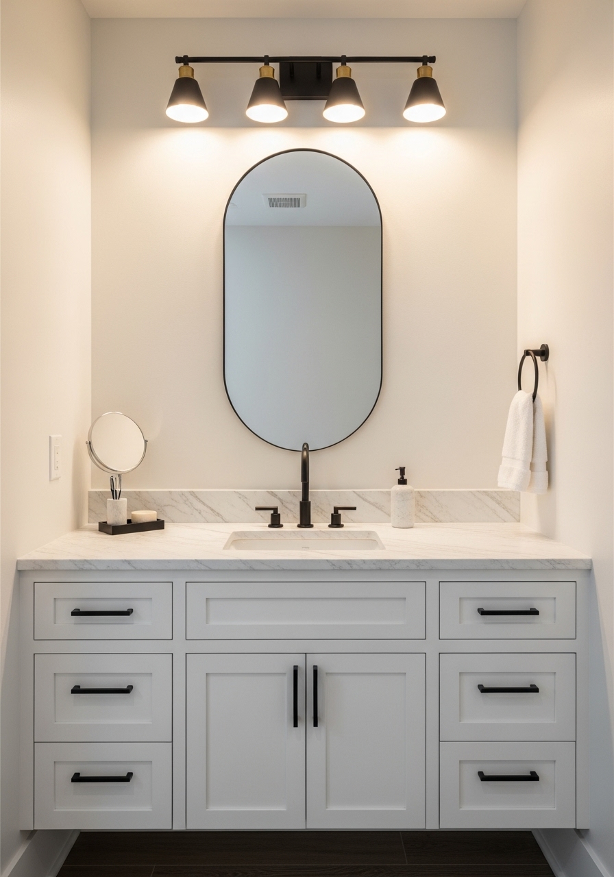 Custom bathroom vanity installation in Toronto with white shaker cabinets, marble countertop, and matte black fixtures by RM Renovation.