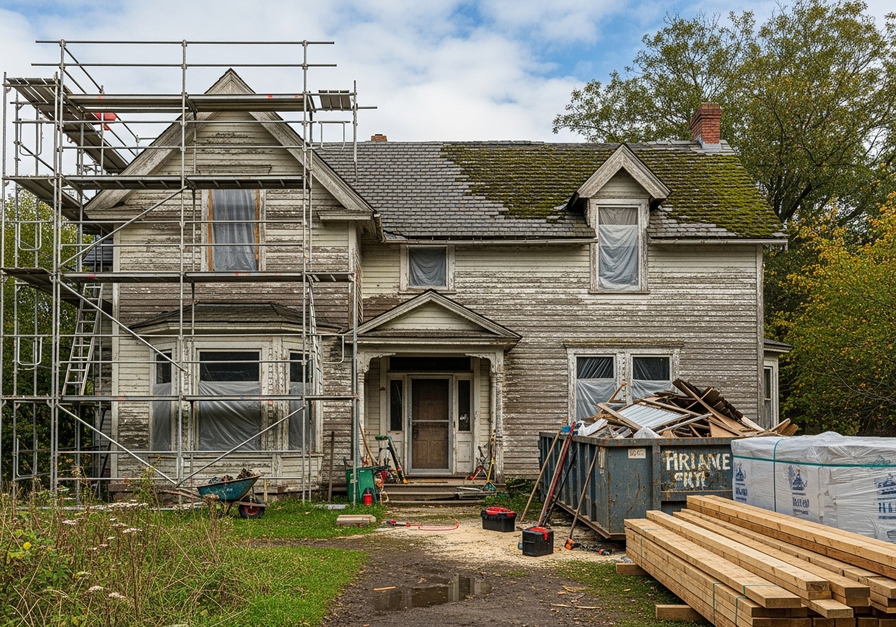 Old farmhouse under renovation with scaffolding, dumpster, and wood materials in the front yard.