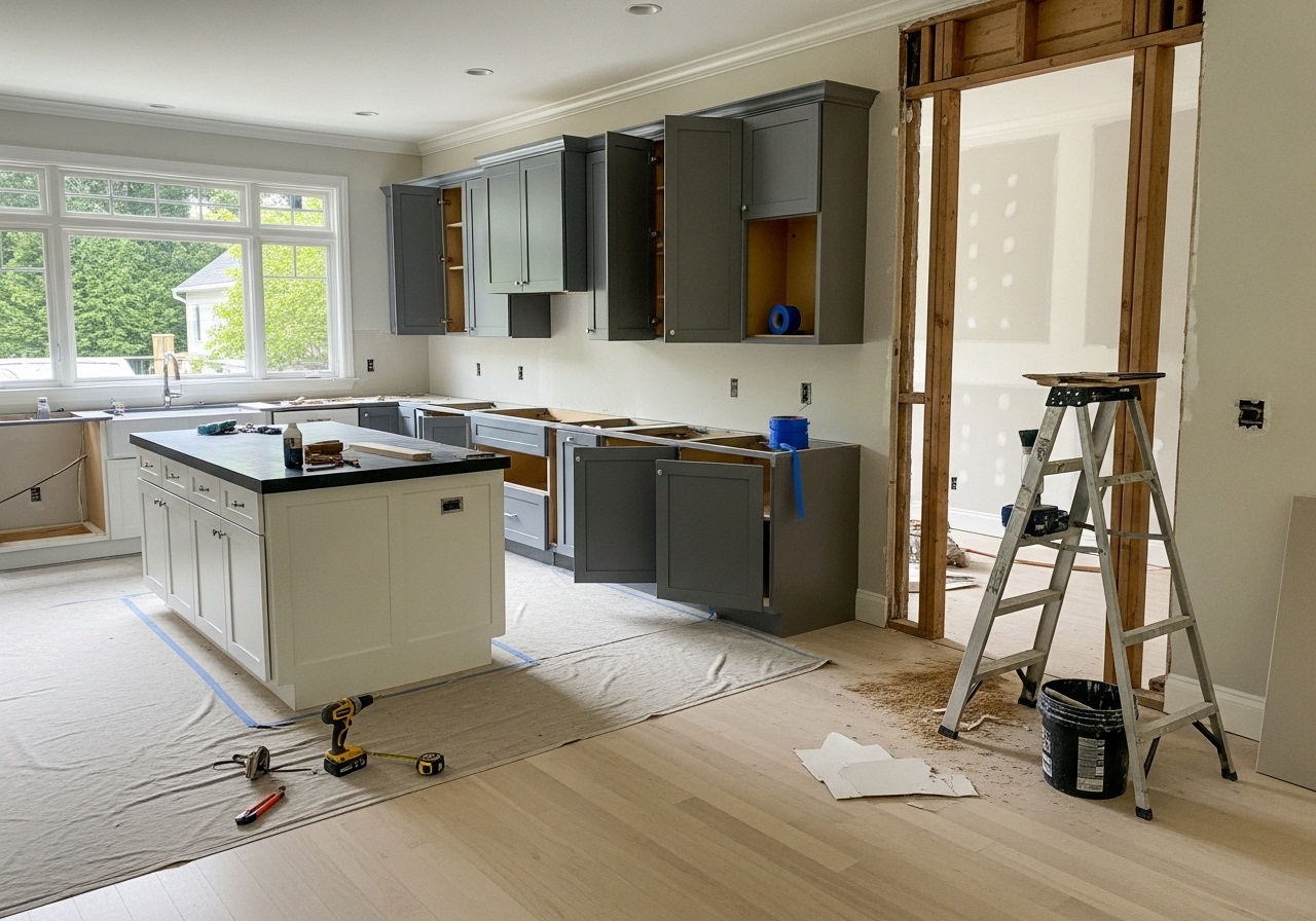 Modern kitchen renovation in progress with gray cabinets, white island, tools, and open drywall framing.