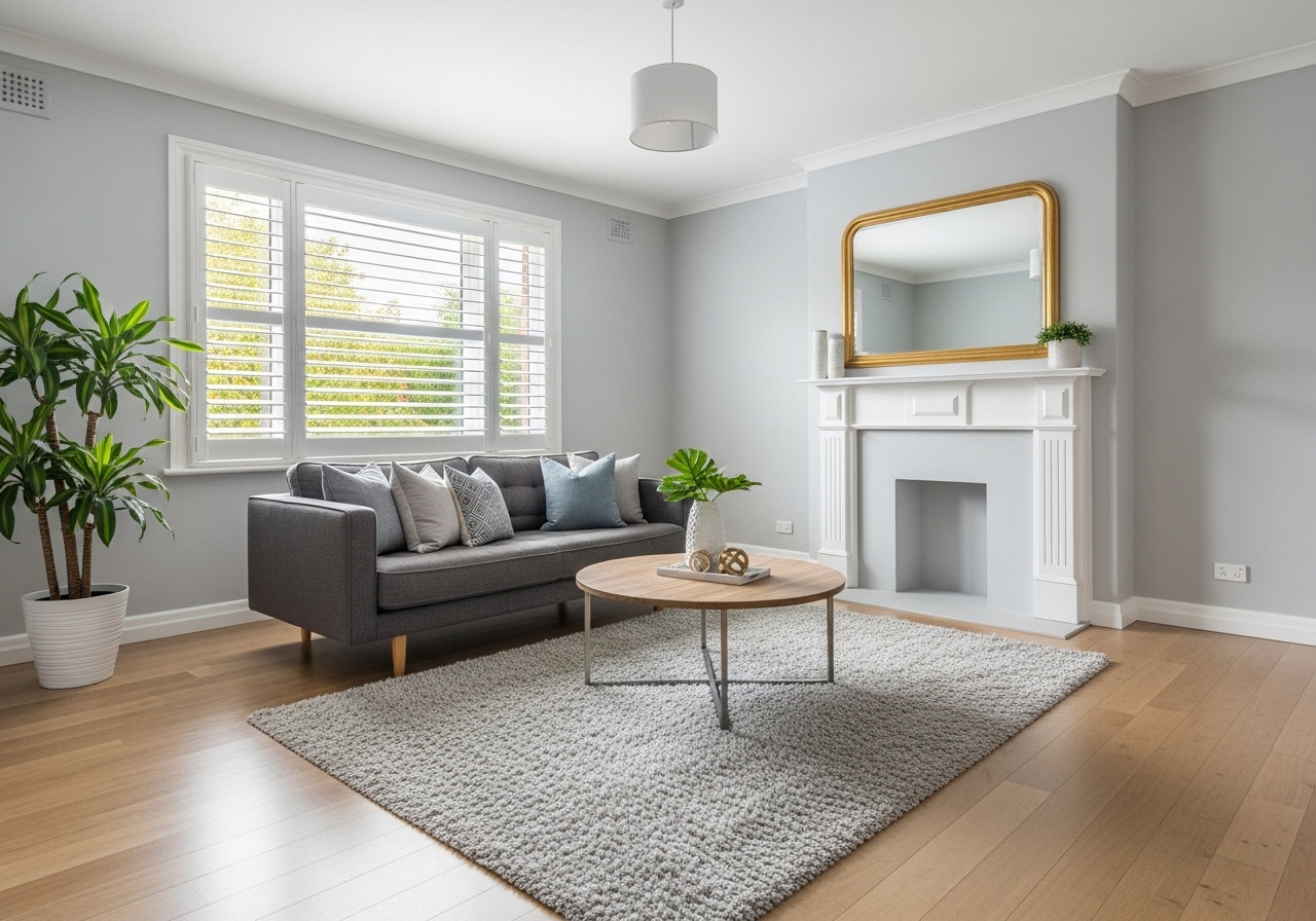 Modern living room with grey sofa, indoor plant, white fireplace, wooden flooring, and large window with shutters.