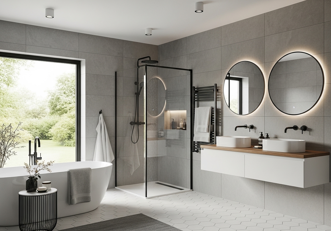 Contemporary bathroom featuring a freestanding bathtub, walk-in rain shower with glass enclosure, dual vessel sinks, and backlit round mirrors.