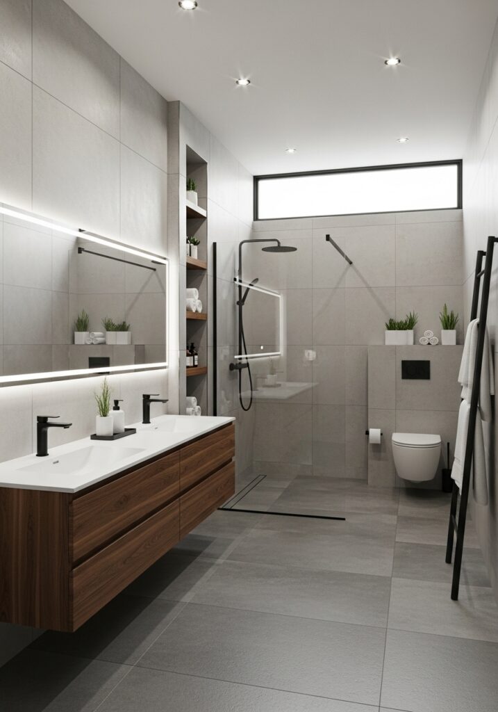 Contemporary bathroom renovation in Ontario featuring floating wood vanity double sink matte black fixtures walk in shower glass partition and large format grey tiles by RM Renovation